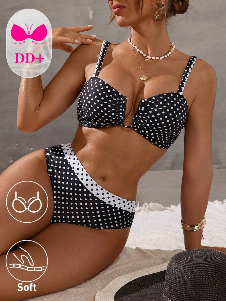 Swim DD+ Women's White With Black Polka Dots Bikini Set,Summer 90s Spaghetti Strap Push Up Bathing Suits For Beach Party,Holiday Vacation Contrast Swimsuits - Khaki - View 1