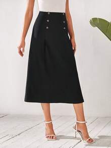 EMERY ROSE High Waist Fake Button Skirt - Black - View 4