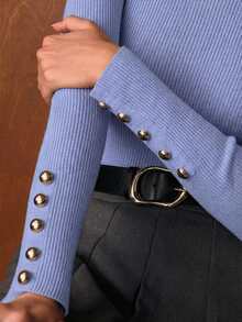 MOTF PREMIUM MINIMALIST METAL BUCKLE DECOR BASE LAYER SWEATER - Teal Blue - View 2