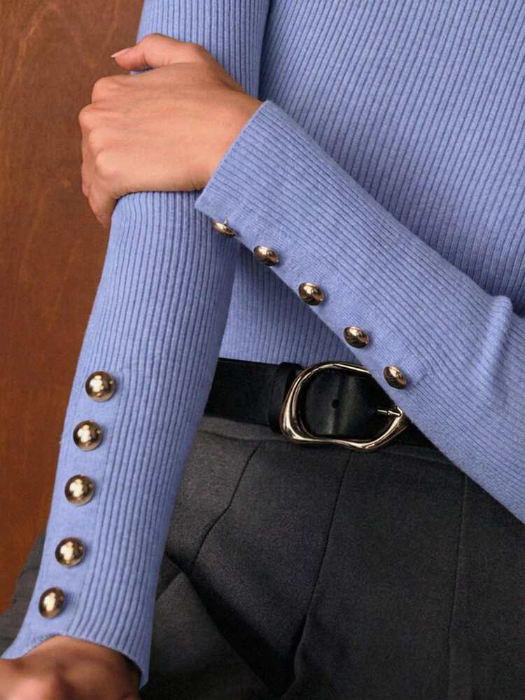 MINIMALIST METAL BUCKLE DECOR BASE LAYER SWEATER