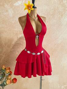 Soleia 性感V领交叉装饰镂空露背吊带纹理面料多层不规则下摆迷你连衣裙，适合派对、圣诞节、约会、夜店、海滩、邮轮、下午茶、波西米亚风、度假、秋季女装、复古风 - 紅色 - 查看 3