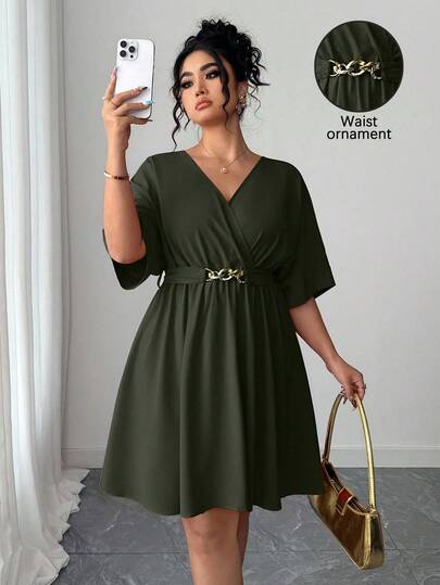 Elenzga Elegant V-Neck Cinched Waist Waist Short Red Evening Dress, Casual & Minimalist Style For Summer