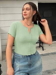 SHEIN EZwear Áo thun cổ chữ V màu xanh bạc hà trơn dành cho phụ nữ cỡ lớn - Màu xanh Bạc hà - Xem 5