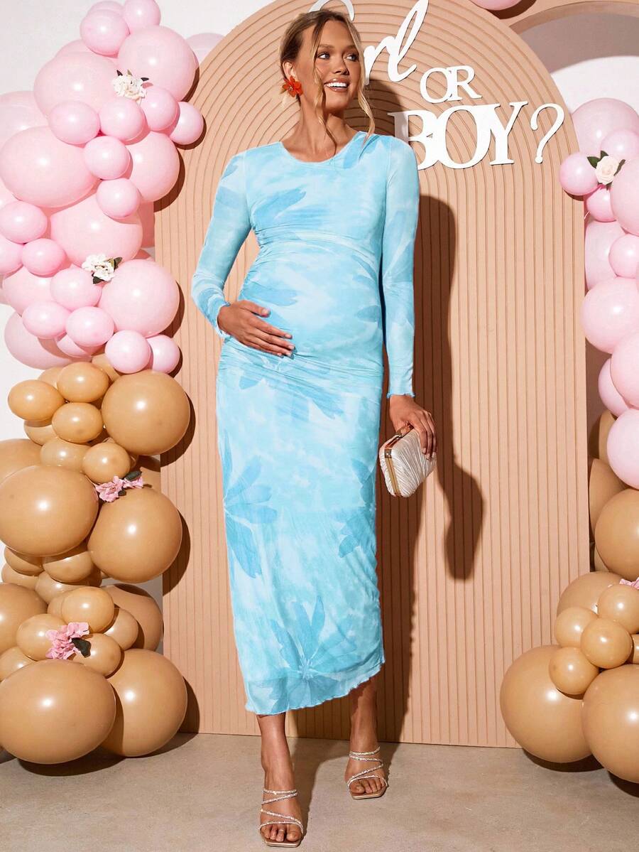 Loomaby Maternity Spring Elegant Floral Print Long Sleeve Ruched Fitted Dress - Baby Blue - View 1