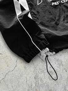 EVRINFINITE 男士字母图案立领拉链长袖夹克，宽松版型摩托车飞行员夹克，街头时尚 - 黑與白 - 查看 4