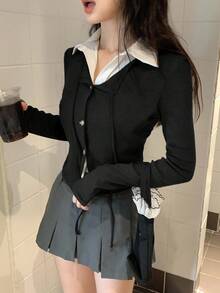 DAZY Women's 2 In 1 Korean Style Tie-Up Long Sleeve Elegant T-Shirt, Autumn/Winter - Black - View 3