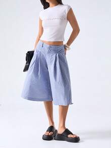 LYSMO 2026 New Arrive Minimalism Spring/Summer Women's Plaid High Waist Pleated Wide Leg Shorts - Blue - View 7