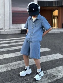 SHEIN Little Byeori 2Pcs Tween Boy Blue Denim Set,Summer Street Life Casual Graphic Street Fashion,School Back-To-School Y2k Vintage Loose Shirt And Shorts Kids Outfits - Blue - View 5
