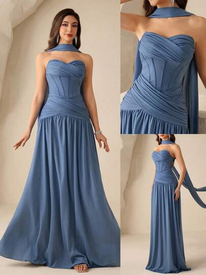 Coutiva Women's Solid Color Pleated Strapless Ruffle Design Elegant Formal Evening Gown Dusty Blue Convertible Halter Corset Maxi Evening Gown Modest Strapless Draped Waist Formal Dress Easter Gala Elegant Convertible Shoulder Gown Prom & Graduation Dusty Blue Mermaid Formal Gown Elegant Strapless & Convertible Halter Maxi Silhouette Date Night Modest Convertible Shoulder Dress Anniversary Dinner Romantic Formal Gown Strapless Neckline With Convertible Halter Strap & Draped Waist Grecian Goddess & Elega