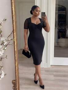 SHEIN Lady CURVE Plus Size Solid Color Sweetheart Collar Raglan Sleeve Fitted Dress Fitted Dress Bodycon Fitted Dresses For Women High Quality Dress Tummy Tuck Dress - Black - View 8