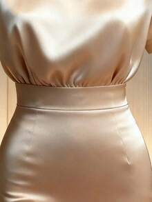 Franclia Satin Crepe Round Neck Beaded Puff Sleeve Waist Pleated Elegant Dress, Suitable For Summer Holiday, Elegant Party, Shiny Dress, Wedding Guest Dress - Apricot - View 5