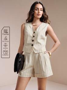Arave Women's Woven V-Neck Vest Without Belt Drawstring Shorts Set, Casual Sexy Commuter Outfit Golf Pastal Summer - Apricot - View 2