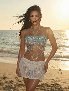 Sirith 新款夏秋季彩色串珠罩衫，欧美时尚性感设计，适合音乐节和电子音乐节，波西米亚风格女士罩衫 - 藍色 - 查看 2