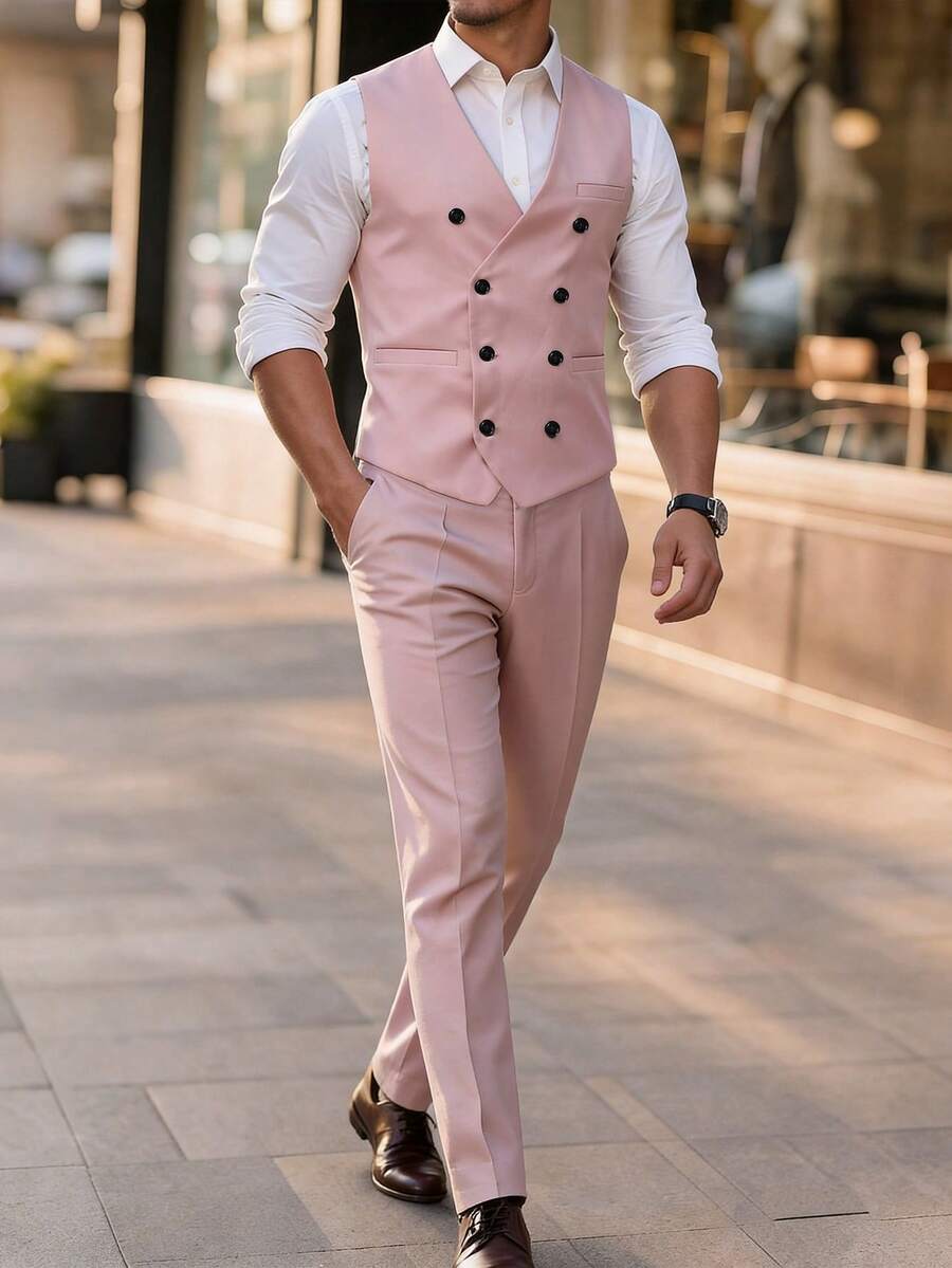 Manfinity Mode Men's Double-Breasted Vest And Pants Casual Suit Set - Pink - View 1