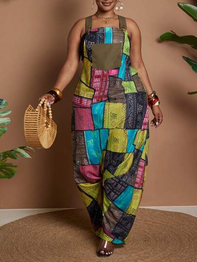 Maweii Plus Size Patchwork Print Sleeveless Loose Harem Pocket Jumpsuit