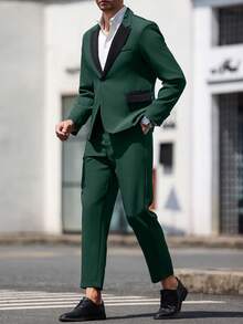 Calvornis 男士纯色休闲翻领西装外套和斜口袋裤套装 - 墨綠色 - 查看 6