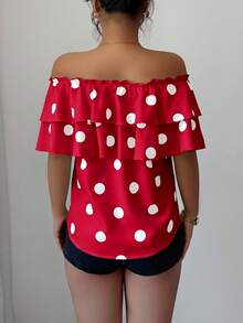 Elenzga 女士复古优雅波点印花露肩层叠荷叶边衬衫，夏季 - 紅色 - 查看 2