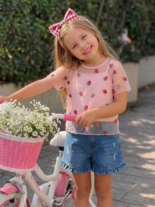SHEIN Young Girl Mesh Embroidered Strawberry Pattern Round Neck Casual T-Shirt - Pink - View 4