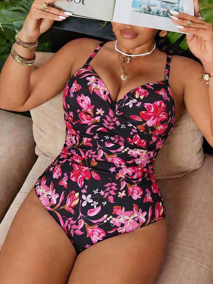 Swim Vcay Plus Size Women's One-Piece Random Print Casual Swimsuit - Black - View 1