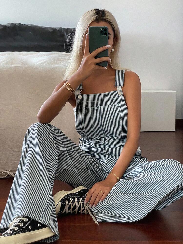 Women's Striped Casual Street Denim Overalls And Jumpsuit