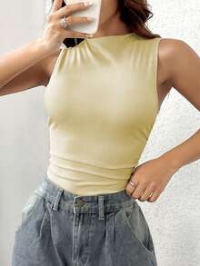 Flirla Women's Minimalist Solid Color Versatile Side Ruched Sleeveless Bodysuit, Summer - Light Yellow - View 3