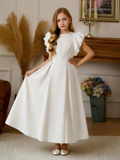 SHEIN 女童纯色无袖连衣裙，轻盈荷叶袖连衣裙，适合日常活动、聚会等场合，春夏款