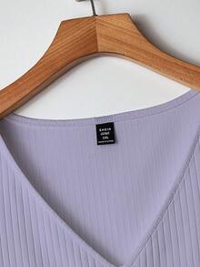 GlowEve CURVE Plus Size Ribbed Knit Elegant Intellectual Casual Comfortable Soft Fitted Short V-Neck T-Shirt - Dusty Purple - View 5