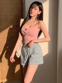 DAZY Quần short nữ dáng rộng, màu trơn, kiểu dáng thường ngày, thích hợp cho mùa hè. - Xám - Xem 2