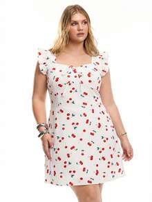 Solavibe Plus Size Women's Cute White Cherry Print Front Tie Mini Dress,Summer Flutter Sleeve Picnic Outfit,Casual Beach Vacation Birthday Holiday Dresses - White - View 1