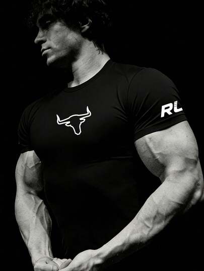 RISE LYT 男友风男士字母和牛头运动印花短袖T恤运动上衣基本款T恤运动服跑步T恤和背心运动上衣透气修身衬衫圆领