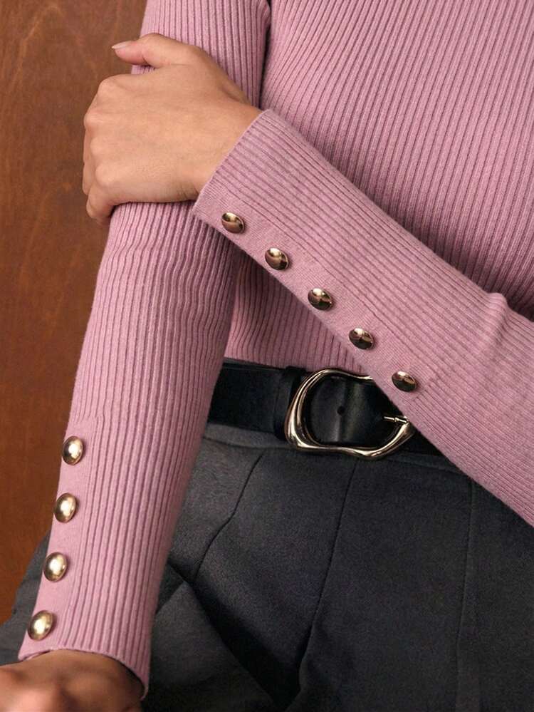 MINIMALIST METAL BUCKLE DECOR BASE LAYER SWEATER