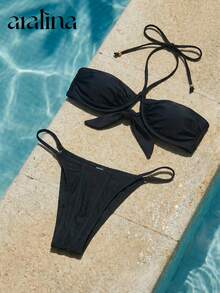 SHEIN Aralina-E 3 Piece Set Shine Bikini Summer Spring Swim Vacation Beach Underwire Halter Sexy Three Piece Set Swim Bag Black - Navy Blue - View 9