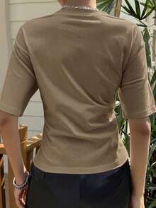 Livesso 春夏宽松商务休闲时尚办公街头风拼接长袖T恤女款 - 駝色 - 查看 3
