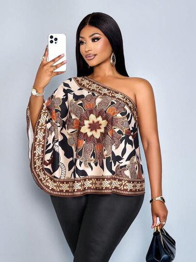 SOLERSUN 春夏大码女装：优雅风格，休闲装，度假装，棕色花卉印花，梭织无弹面料，不对称露肩领口，宽松荷叶边下摆，不对称袖子，衬衫