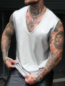 SLATEMANN 男士无袖背心，V领设计，银色反光面料，街头风 - 銀色 - 查看 4