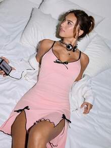 女士撞色滚边睡裙，时尚夏季睡衣连衣裙 - 粉色 - 查看 1