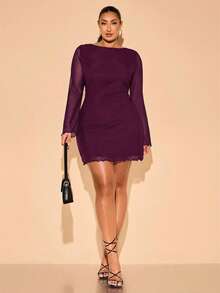 SHEIN BAE Plus Size Women's Dark Purple Autumn Classy Night Out Club Mini Short Dress,Spring & Summer High Street French Cocktail Evening Gown For Vacation - Red Violet - View 1