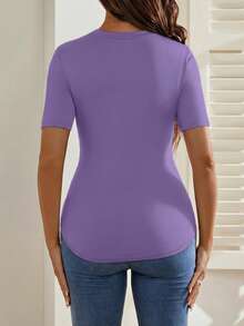 SHEIN Pregnant Women Cartoon Print Round Neck Casual Daily Short Sleeve T-Shirt Maternity T-Shirt Maternity Shirts For Women Pregnant T-Shirt Graphic Baby Tee For Pregnant Outfit - Mauve Purple - View 2