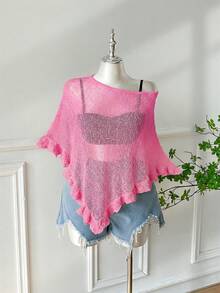 SHEIN EZwear Áo choàng poncho dệt kim mỏng nhẹ, màu xanh lá cây, viền xếp ly, dành cho nữ cỡ lớn, thích hợp cho các buổi đi chơi và hẹn hò mùa hè. - Hồng - Xem 4