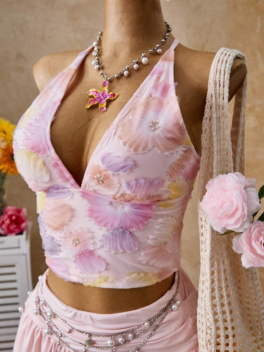 SHEIN Glamour Pink Floral Summer Boho Vacation Holiday Women's Glitter Halter V-Neck Backless Sleeveless Asymmetrical Mini Skirt 2 Pieces Set,Music Festival - Pink - View 1