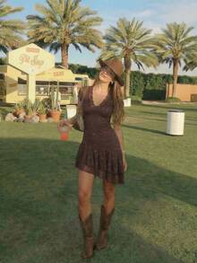 SHEIN MOD 女士优雅不对称荷叶边蕾丝迷你连衣裙 - 棕色 - 查看 5