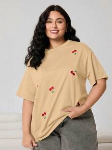 Solflare Cherry Embroidery Khaki Casual Plus Size Short Sleeve T-Shirt - Khaki - View 3