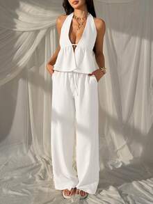 SHEIN EZwear 女款白色夏季休閒度假兩件套，編織掛脖上衣與寬腿褲，聖托里尼希臘度假風套裝，早午餐穿搭套裝 - 白色 - 查看 6