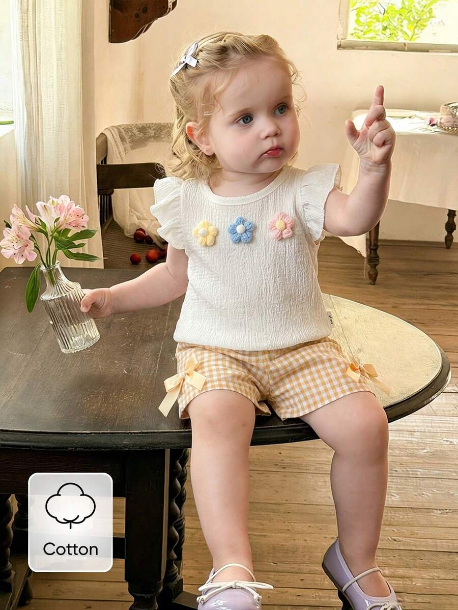 SHEIN Baby Girls 3D Flower Cap Sleeve T-Shirt & Plaid Shorts Set - Yellow - View 1