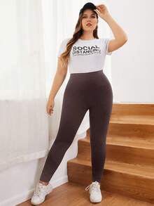 SHEIN EZwear Leggings de cintura alta de color marrón chocolate sólido para mujer de talla grande, para uso casual, deportivo y diario - Marrón Chocolate - Ver 3