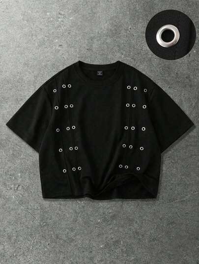 ROMWE MEN Herren Metall Ösen Loose Fit Rundhals Schwarzes Kurzarm T-Shirt