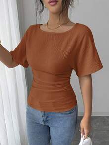 SHEIN Elenzya 女士优雅收腰露背设计T恤，夏季新品 - 棕色 - 查看 3