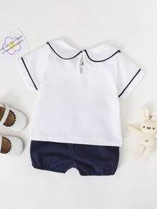 SHEIN Playful Pals 2件組男嬰幼兒套裝 藍白條紋夏季可愛親子款汽車印花襯衫 & 藍色短褲 紳士西裝 適用於婚禮派對 1歲生日 - 藏蓝色 - 查看 2