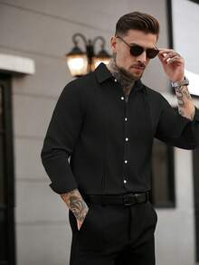 Manfinity Mode Men's White Slim Fit Pleated Business Long Sleeve Shirt - Black - View 4