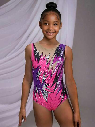 SHEIN Tween Girls Sleeveless Rhinestone Gymnastics Leotard, Adorable Printed & Sparkling Designs, Purple & Fuchsia, Suitable For Sports, School Dance Competitions. Gymnastics Leotard, Comfortable & Skin-Friendly, All Season